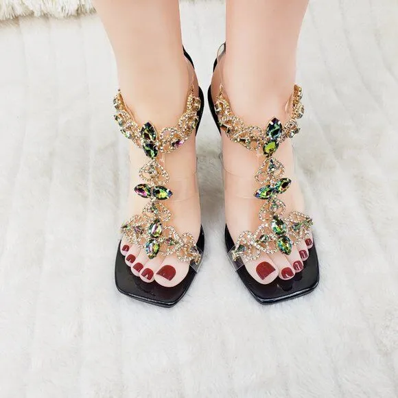 Breezy Jewels Rhinestone 4" High Heel Sandals Prom Wedding Party Shoes Black
