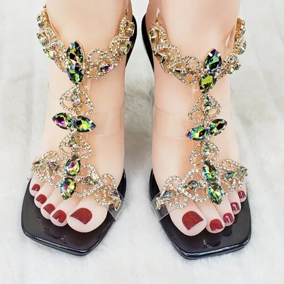 Breezy Jewels Rhinestone 4" High Heel Sandals Prom Wedding Party Shoes Black
