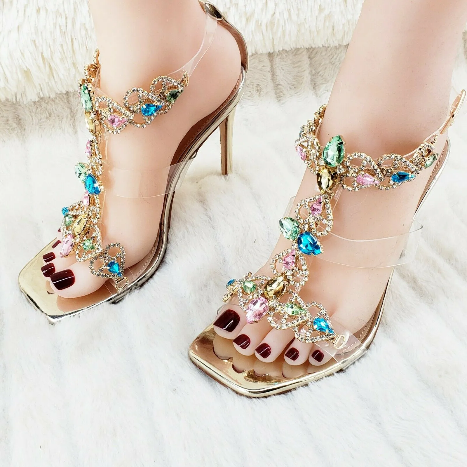 Breezy Rhinestone Jeweled 4" High Heel Sandal Shoes Gold 7-11