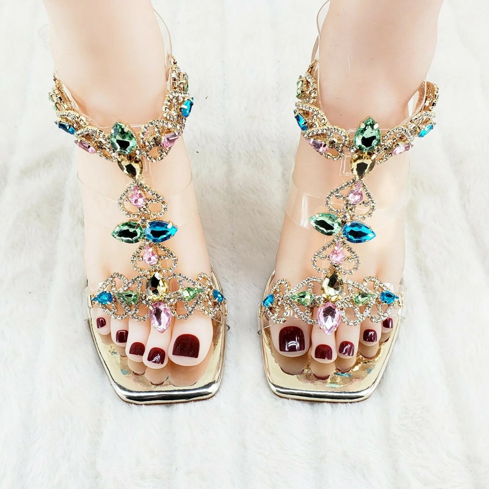Breezy Rhinestone Jeweled 4" High Heel Sandal Shoes Gold 7-11