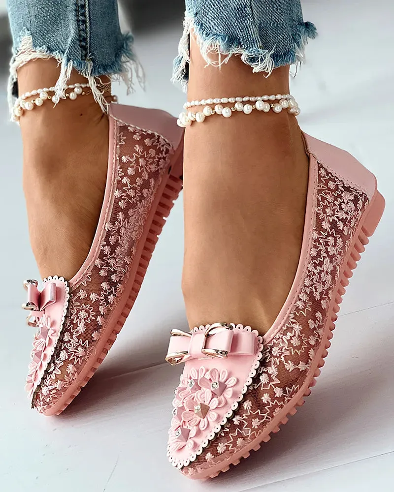 Floral Embroidery Bowknot Loafers Women