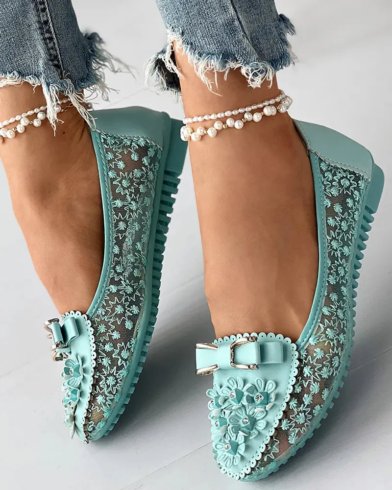 Floral Embroidery Bowknot Loafers Women