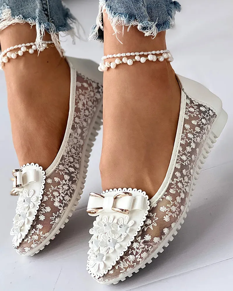 Floral Embroidery Bowknot Loafers Women