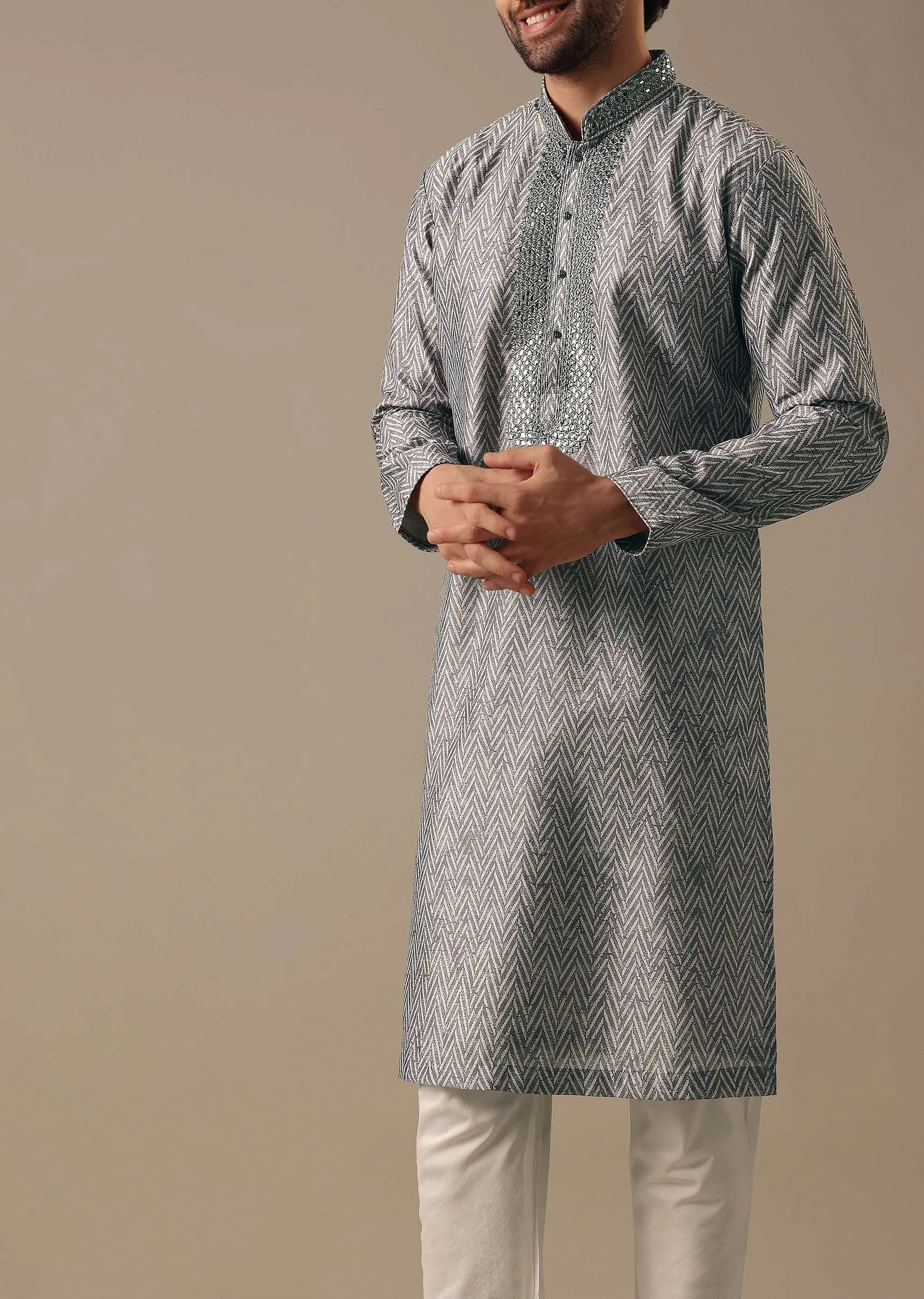 Grey Silk Chevron Kurta Set with Mirror Work