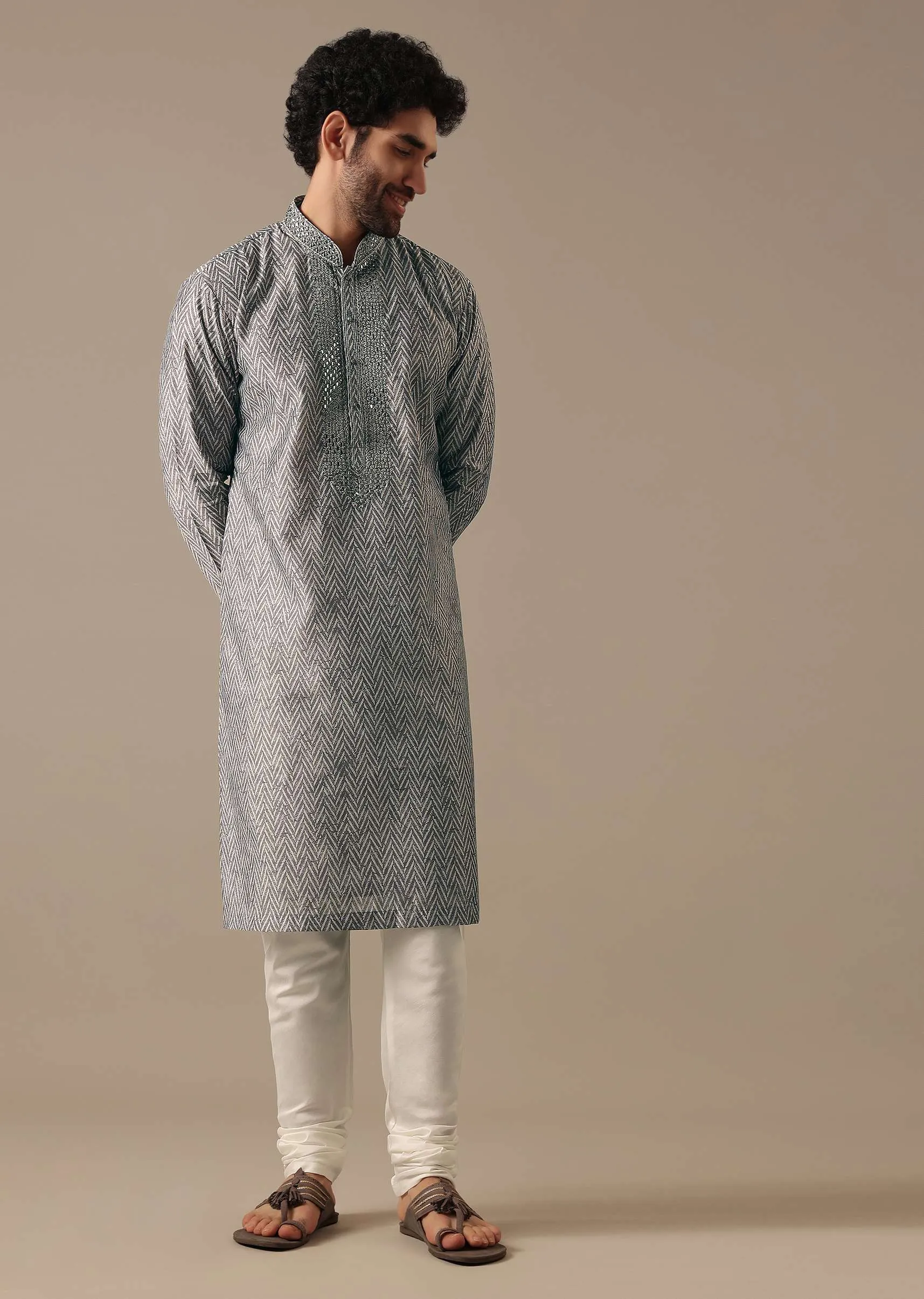 Grey Silk Chevron Kurta Set with Mirror Work