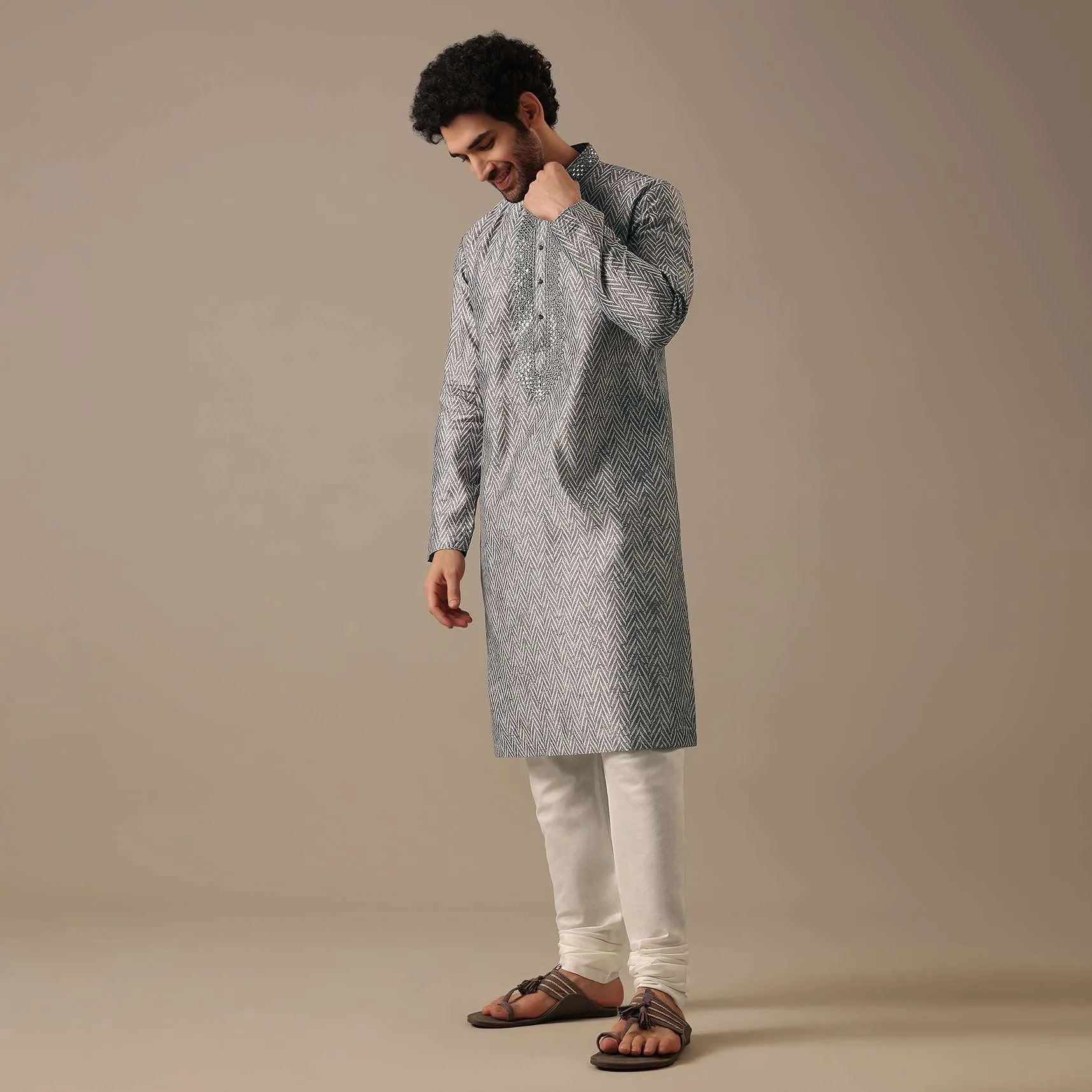 Grey Silk Chevron Kurta Set with Mirror Work