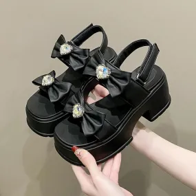 Heart Charm Bow Chunky Thick Bottom Sandals