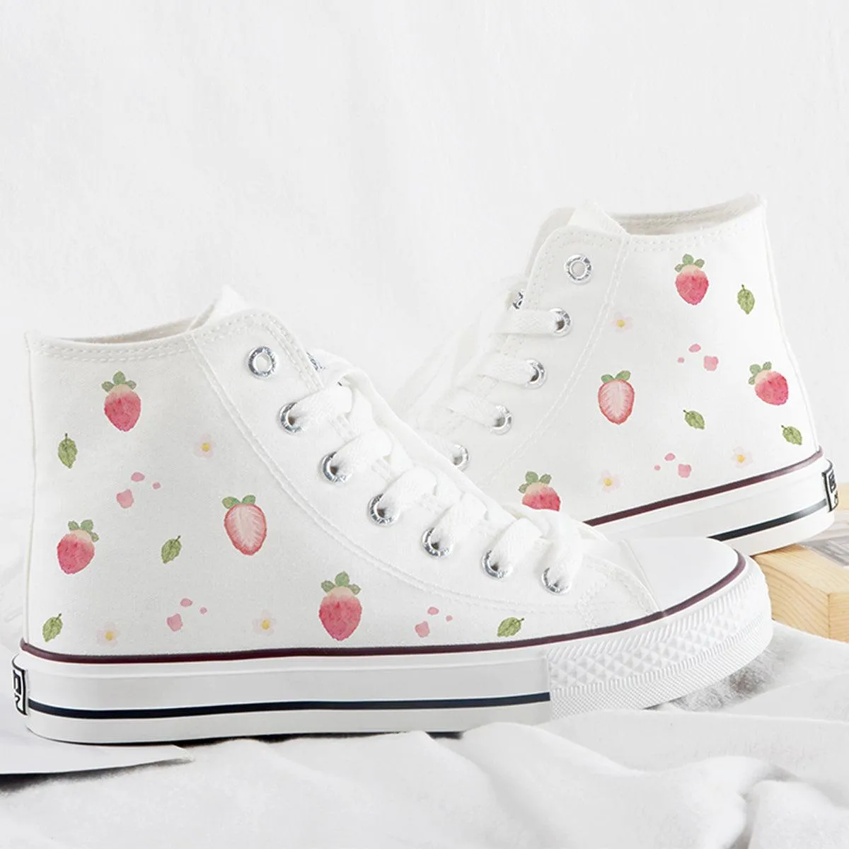 Japanese Custom Strawberry White Canvas Shoes