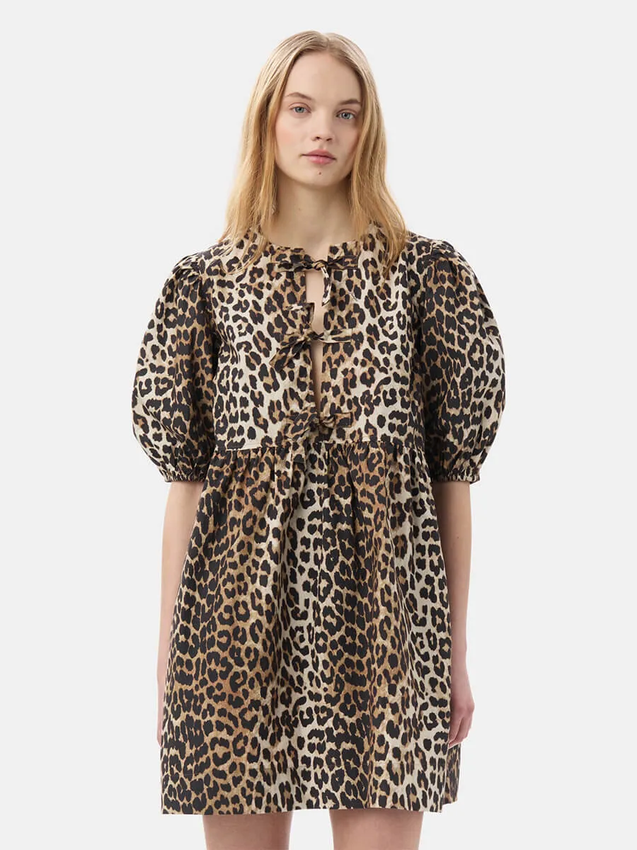 Leopard Printed Cotton Tie String Mini Dress