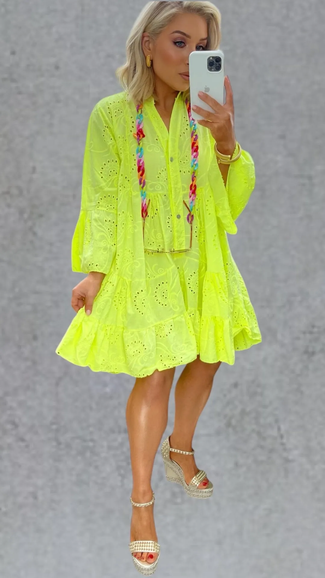 LUNA NEON BRODERIE DRESS - LEMON POP