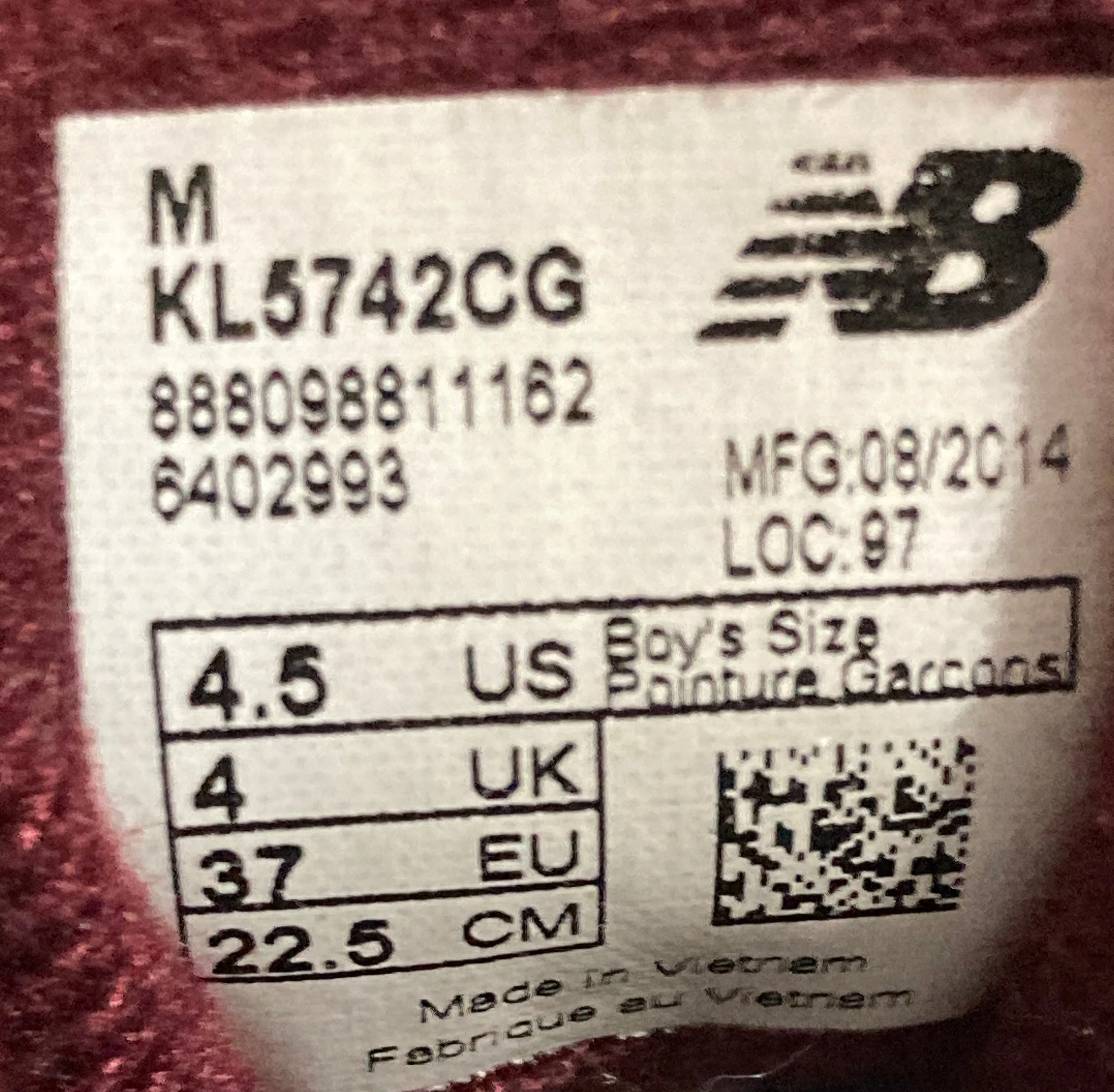 NEW BALANCE 574 Youth Size 4.5M Running Training Shoes Sneakers Burgundy & Gray KL5742CG