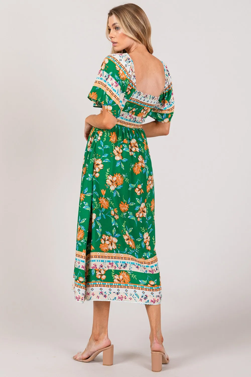 ONLINE EXCLUSIVE SAGE   FIG Printed Smocked Short Sleeve Midi Dress