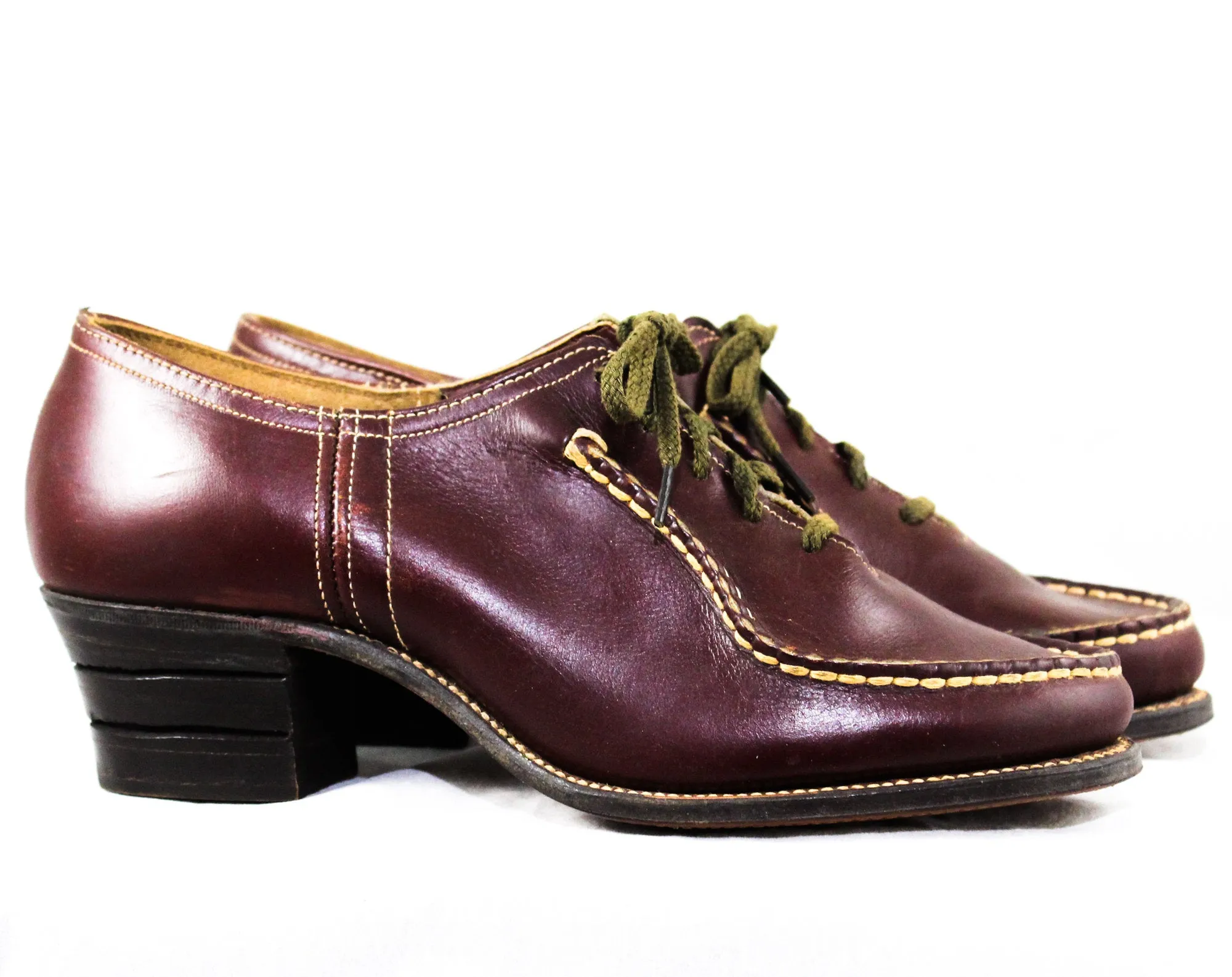 Size 5 Brown 1940s Shoes - 1930s 40s Oxblood Leather Pumps with Top Stitching & Wood Heel - Fall Autumn Deadstock Heels - 40's Swing Era