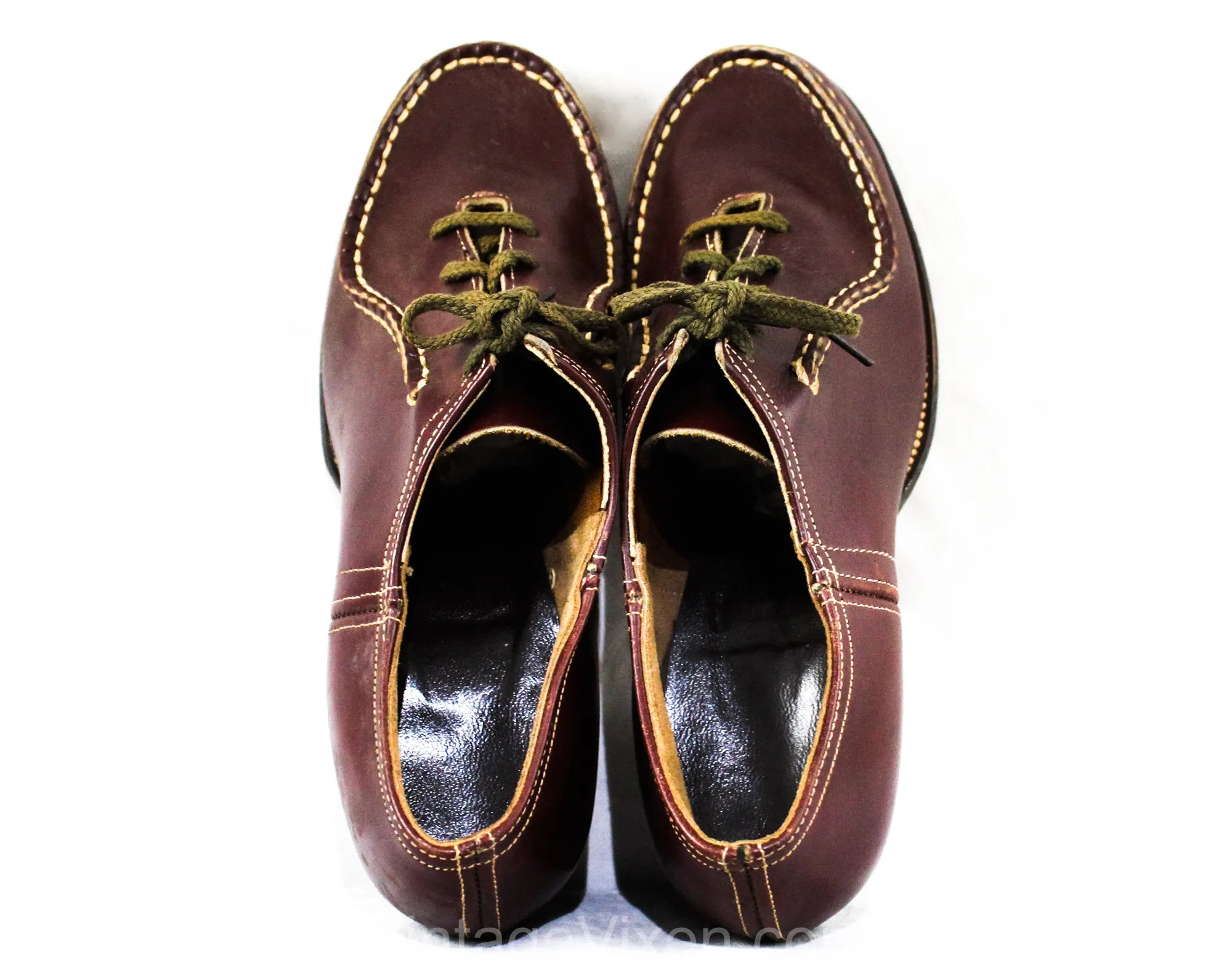 Size 5 Brown 1940s Shoes - 1930s 40s Oxblood Leather Pumps with Top Stitching & Wood Heel - Fall Autumn Deadstock Heels - 40's Swing Era
