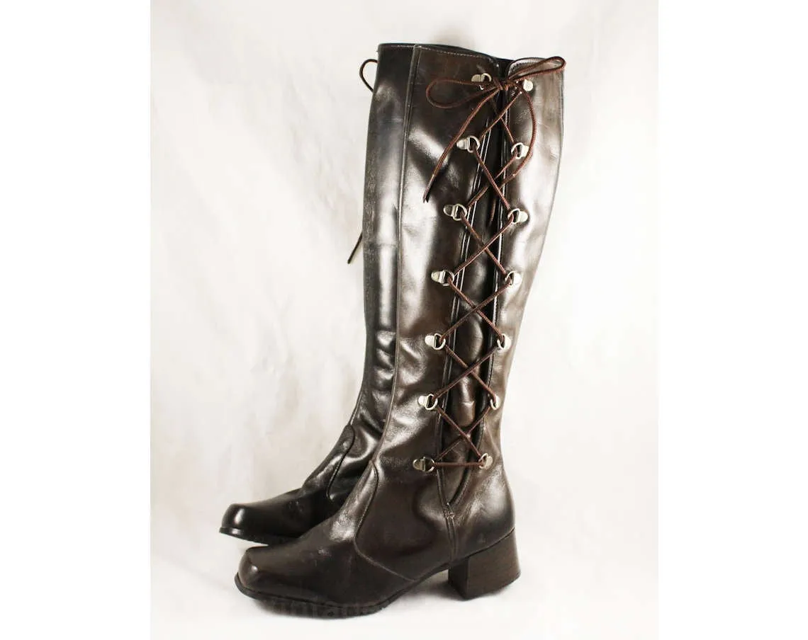 Size 5 Brown Boots with Lace Up - Unworn 60s Go Go Boot - Genuine Dark Brown Leather - Mod Biker Girl 1960s Street Chic - NOS Deadstock