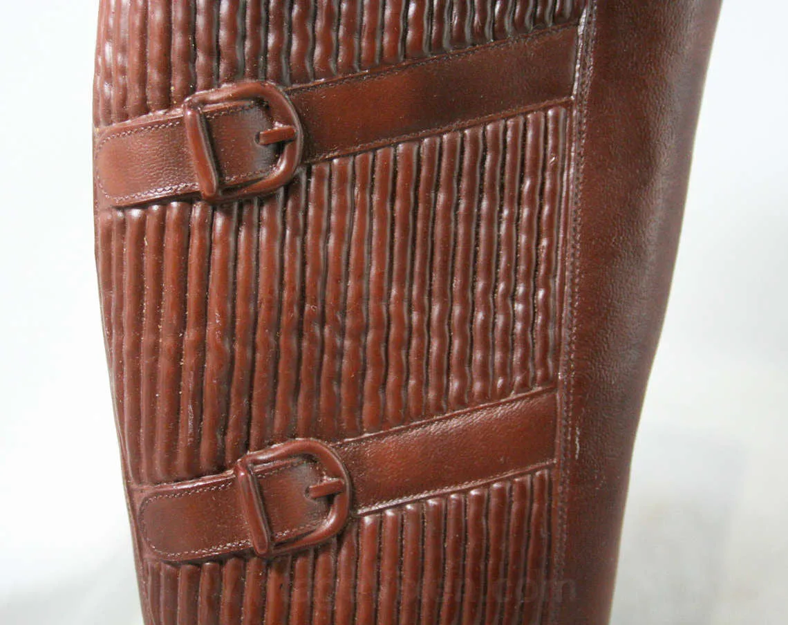 Size 5 Trompe L'Oeil 60s Boots - Brown Waterproof Rubber - Sophisticated 1960s - Faux Buckles - Fleece Lined - Unworn - Deadstock - 43295-18