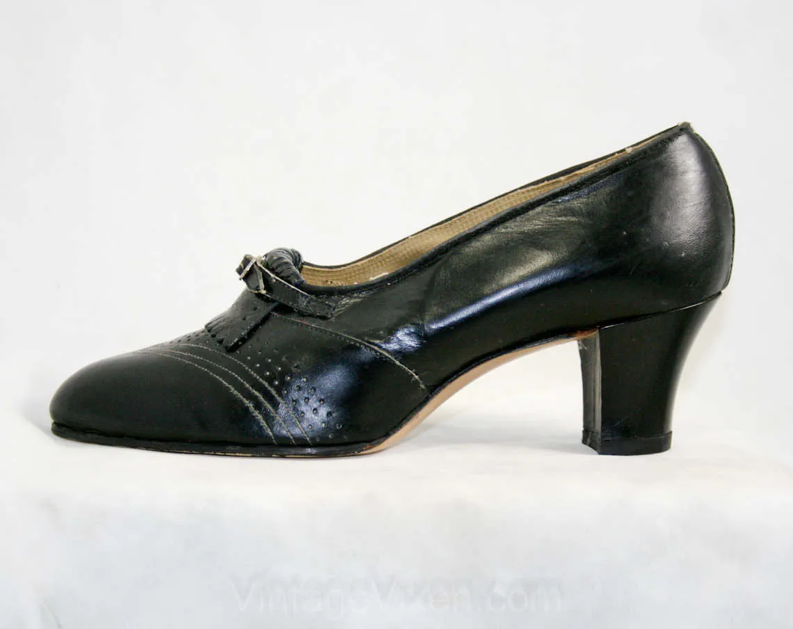 Size 6 Deco Era 1920s 30s Secretary Chic Black Leather Shoes - Pumps - Oxford Style - Never Worn - Deadstock - 28465-1