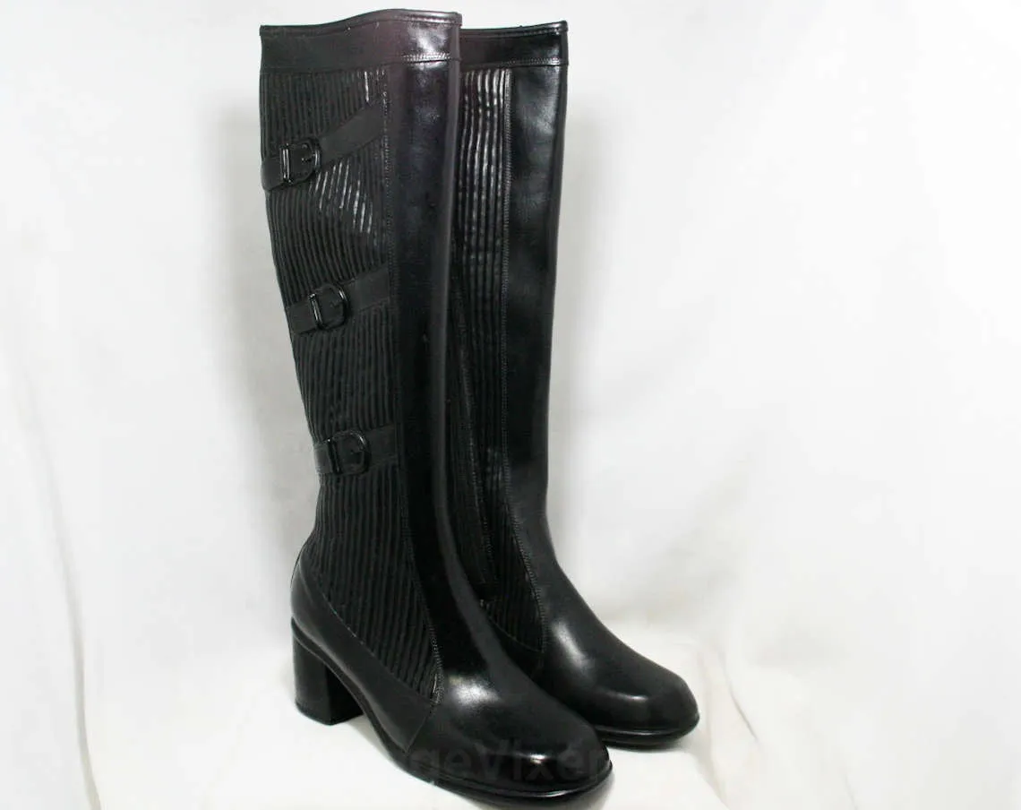 Size 6 Trompe L'Oeil 60s Boots - Black Waterproof Rubber - Sophisticated 1960s - Faux Buckles - Fleece Lined - Unworn - Deadstock - 43709-3