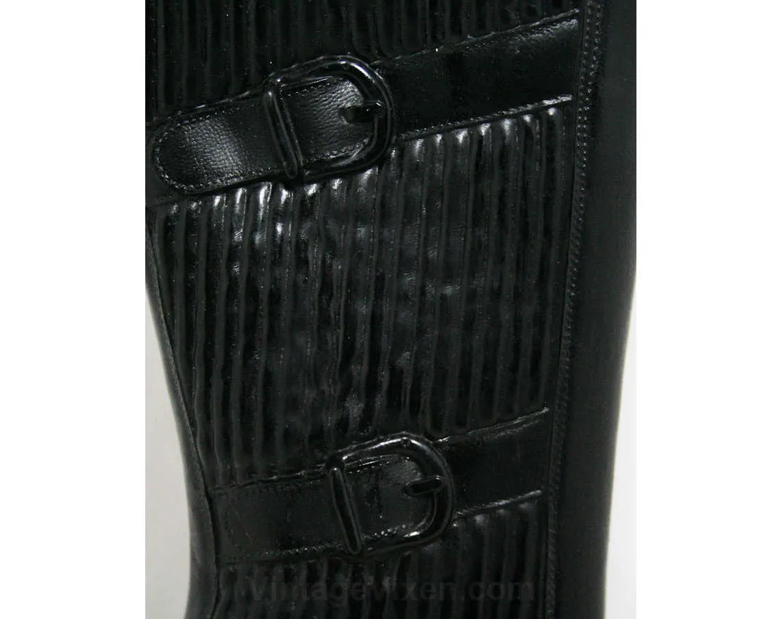 Size 6 Trompe L'Oeil 60s Boots - Black Waterproof Rubber - Sophisticated 1960s - Faux Buckles - Fleece Lined - Unworn - Deadstock - 43709-3